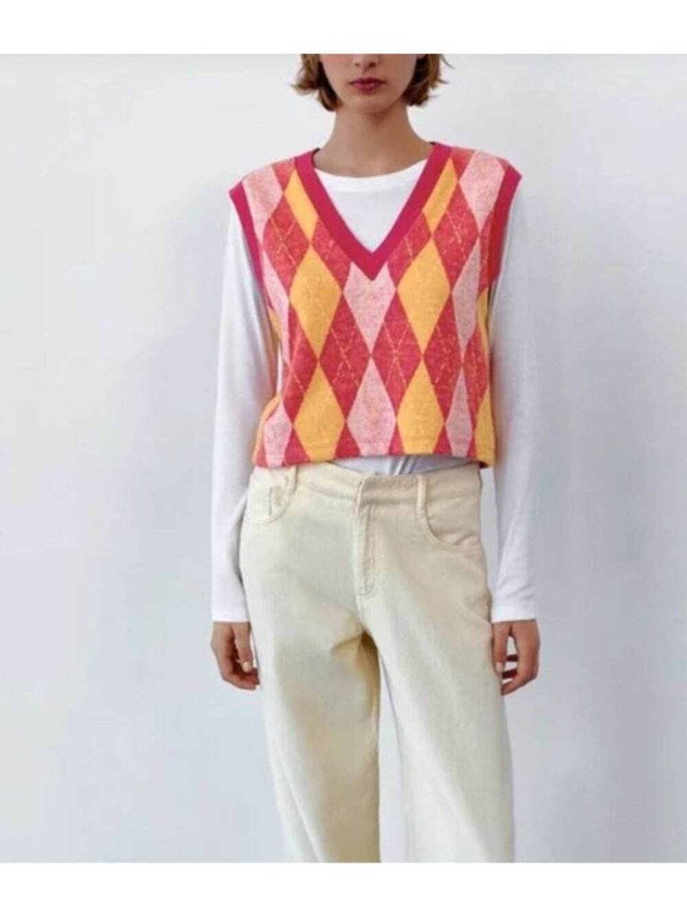 NWT ZARA Orange Pink Argyle Cropped Knit‎ Vest Size Small